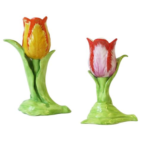 A beautiful set of two (2) Italian ceramic tulip flower candlestick holders by Mottahedeh, circa late-20th century, Italy. A beautiful set with or without candles. Marked "Made in Italy" on bottom as show in images #19 and 20. Dimensions: Yellow: 6" H Pink: 4.75" H For table shown search 1stDibs ref. #: LU1314225455002 Tulip cup/saucer search ref. #: LU1314224693882. Pink, Ceramics, Vases And Vessels, Candlestick Holders, Saucer, Vase, Tulip Candle, Table, Decorative Objects