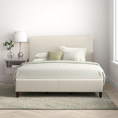 This upholstered bed elevates your bedroom with a streamlined look. Crafted with a solid and engineered wood frame, it's wrapped with foam and upholstered in 100% polyester and linen blend fabric. Its cushioned panel headboard in a neutral color provides plush comfort for your back and head as you lean against it and read in the evenings, while the low-profile sideboards keep a queen-size mattress close to the ground. We love that this bed comes with three slats and center supports to hold up a Queen, Deco, Bedroom Inspirations, Bed, Upholster, Camas, Beige Bed, Beige Bed Frame, Bed Frame
