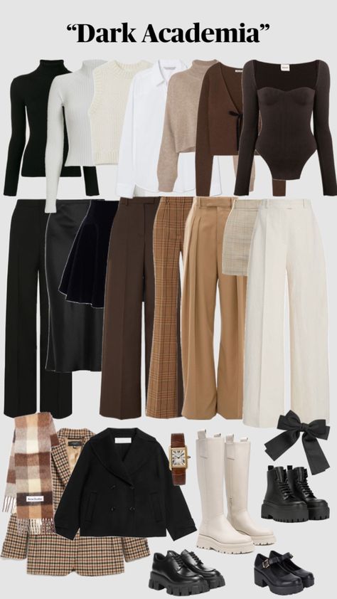 dark academia aesthetic wardrobe essentials | autumn basic clothing | dark academia capsule closet | brown outfits | fall outfit inspiration ideas | back to school clothing | classic outfits Fashion, Clothes, Outfits, Style, Gaya Hijab, Trendy, Outfit, Moda, Giyim