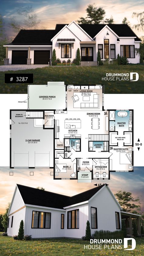 One-storey modern farmhouse, 2 to 3 bedrooms, 2-car-garage, large covered terrace, 10' ceiling in living Modern Farmhouse, Modern Farmhouse Plans One Story, Affordable House Plans, 3 Bedroom Home Floor Plans, House Plans Farmhouse, House Plans One Story, Family House Plans, One Floor House Plans, House Layout Plans