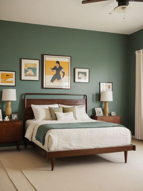 Retro Vintage, Retro, Mid Century Modern Bedroom Colors, 60s Bedroom Decor, Accent Wall Bedroom, Bedroom Green, Mustard Bedroom, Bedroom 60s, Mid Century Bedroom