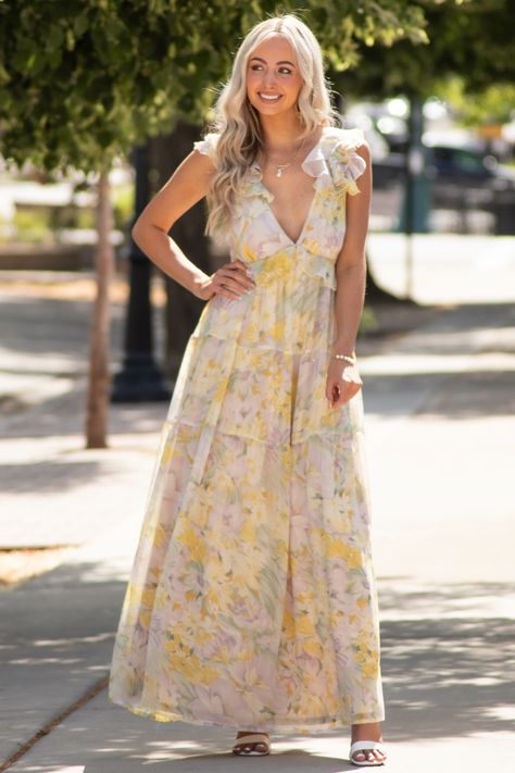 Pastel Yellow Floral Open Back Maxi Dress - Lime Lush Boutique Yellow Floral Maxi Dress, Yellow Floral Dress, Yellow Tea Length Dress, Pale Yellow Floral Bridesmaid Dresses, Floral Maxi Dress, White Floral Dress Long, Floral Yellow Dress, Flowy Summer Dresses, Floral Dresses Long