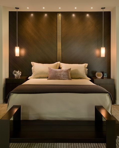 Master bed features a dark walnut headboard wall bisected by glass tile and matched with flanking bedside tables. Interior, Interior Design, Interieur, Modern Bedroom Design, Decoracion De Interiores, Modern Bedroom, Bedroom Interior, Contemporary Bedroom, Luxury Interior Design