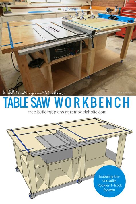 Garages, Diy, Design, Diy Garage Work Bench, Workbench Plans Diy, Woodworking Table Plans, Table Saw Workbench, Garage Work Bench, Woodworking Bench Plans