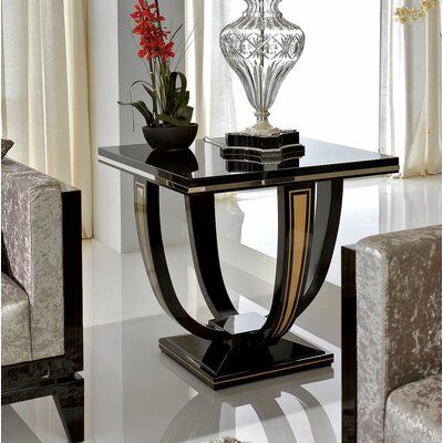 Makassar ebony veneers with Sycamore inlays. Silver-plated accents. Polyurethane high gloss finish. | David Michael Makassar Solid Wood Floor Shelf End Table black/Brown 28.0 x 30.0 x 30.0 in | DAVM2441 | Wayfair Canada Interior, Tables, Design, Canada, Console And Sofa Tables, Tall End Tables, Wood End Tables, End Table Sets, Living Room End Tables