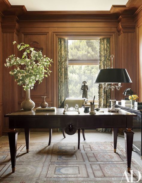 Gary's study is paneled in rift-sawn oak; the curtains are of a Cowtan & Tout print, and the André Arbus desk and Khotan rug are both vintage | archdigest.com Home, Home Décor, Interior Design, Interior, Architectural Digest, Elegant Interiors, Elegant Homes, Interieur, Traditional Office