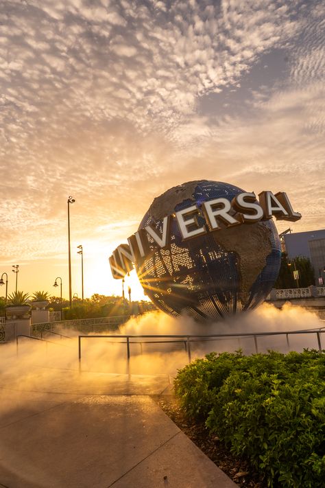 A photo of the Globe at Universal Orlando Resort in front of Universal Studios Florida during the sunrise golden hour. It's welcoming you to the park and inviting you to have an awesome day! Interior, Orlando Florida, Orlando, Los Angeles, Instagram, Universal Studios Orlando, Universal Orlando Tickets, Orlando Vacation, Vacation