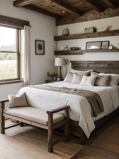Escape the City: Rustic Country Bedroom Decorating Ideas Channel a modern farmhouse aesthetic by combining rustic elements with sleek furniture, clean lines, and minimalist decor. #RusticIdeas #RusticDesign Home Décor, Modern Farmhouse, Rustic Farmhouse Bedroom Country, Rustic Farmhouse Bedroom Decor, Rustic Farmhouse Bedroom Ideas, Rustic Farmhouse Bedroom Master Suite, Country Farmhouse Decor Bedroom, Rustic Farmhouse Bedroom, Rustic Country Bedrooms