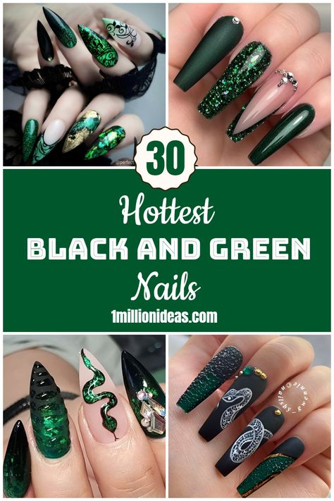 30 Hottest Black And Green Nails Dark Green Nails, Black Ombre Nails, Dark Nail Designs, Black Coffin Nails, Black Nail Designs, Black Acrylic Nails, Dark Acrylic Nails, Green Nail Designs, Matte Green Nails