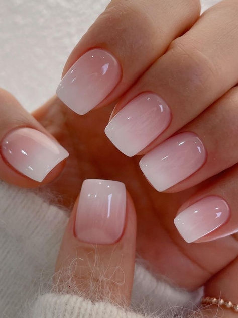 Korean pink and white nails: short ombre Manicures, Pink White Nails, Pink Ombre Nails, Square Nails, Baby Pink Nails, Nail Colors, White Nail Designs, Light Pink Nails, White Tip Nails