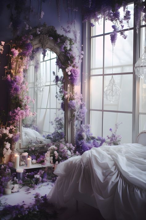 Bright fairytale-themed bedroom with ethereal white sheets, a large window flooding the room with natural sunlight, and an elegant golden window with vintage trimming. The room is adorned with hanging violet flowers and a mix of purple and pink blooms. The walls are painted in a soothing shade of purple, and crystal white chandeliers hang from the ceiling, adding a touch of enchantment to the space.