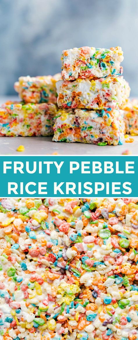 Colorful, sweet, and easy to make fruity pebble rice krispie treats will be a hit wherever you serve them! These treats take minutes to assemble, are easy to transport, and require only 6 ingredients. #treats #recipe #fun #desserts #cereal bars Desserts, Snacks, Cake, Mini Desserts, Brownies, Fruity Pebbles Rice Crispy Treats Recipe, Rice Krispie Treats With Fruity Pebbles Recipe, Easter Rice Krispie Treats, Rice Krispie Treats Cereal