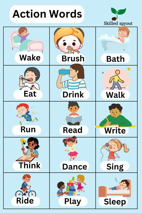 Simple Action Words for kids. Action words which the kids will come across in a day. Action, Worksheets, Pre K, Ideas, Kinder, Fle, School, Simple Words, Learn English