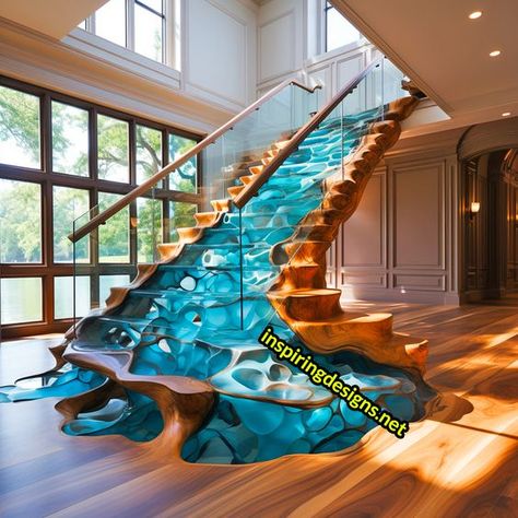 These Stunning Staircases Made From Live Edge Wood and Epoxy Are a Step Beyond Ordinary Live Edge Wood, Stair Case, Stairway Design, Stairways, Rustic Staircase, Staircase Design, Stairs Design, Steps Design, Live Edge