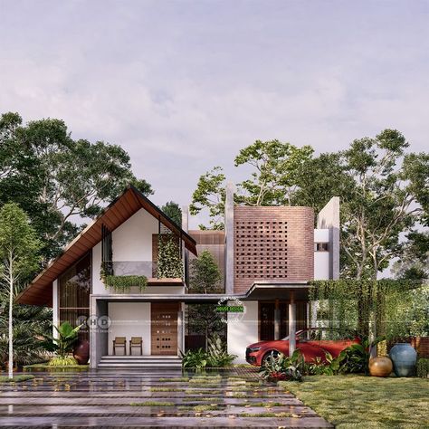 Tropical house rendering Exterior, Dekorasi Rumah, Model House Plan, Haus, Minimal House Design, Kerala House Design, Facade House, Traditional House Plans, House