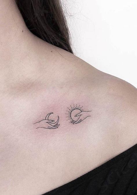 Sun and moon are symbols of yin and yang. From small to bold, black to color, these sun and moon tattoos will inspire your next ink. Tattoos, Tattoo, Hand Tattoos, Tattoo Designs, Small Moon Tattoos, Sun Tattoos, Sun Tattoo Designs, Moon Sun Tattoo, Sun Tattoo