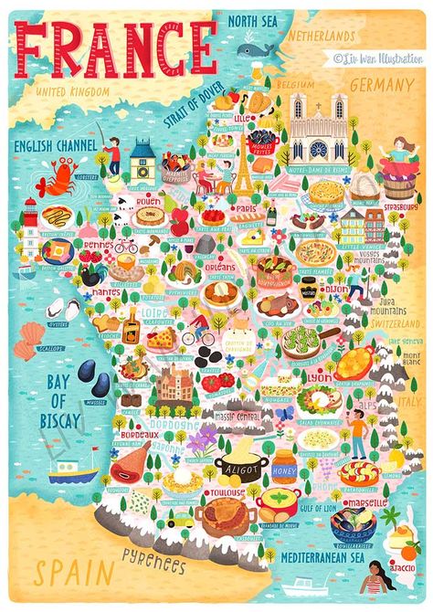Beautiful France Food Map Illustration Wall Art created by Illustrator Liv Wan. Travel Posters, Paris, France Travel, Visit France, France Map, Trip, Travel Maps, Voyage, Road Trip