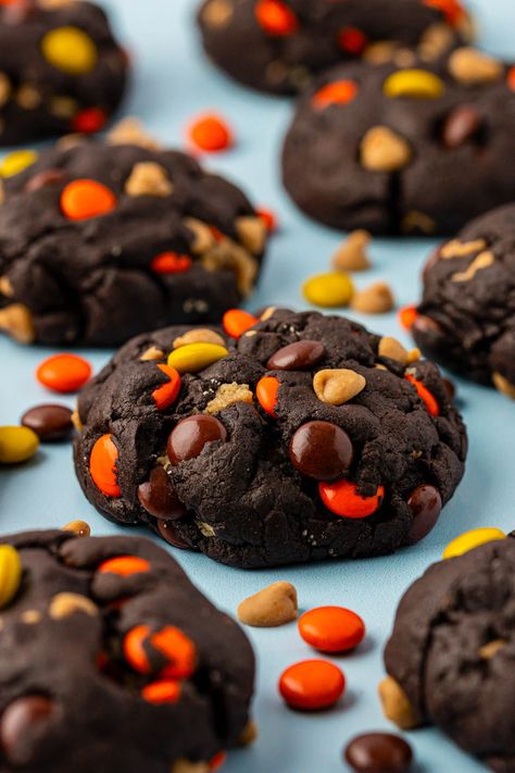 Peanut Butter Filled Chocolate Cookies - Sugar and Soul Chocolate Reese’s Pieces Cookies, Recipes With Reeses Pieces, Reese’s Pieces Cookies Recipe, Reese Pieces Cookies, Reese’s Pieces Cookies, Reese’s Pieces, Chocolate Peanut Butter Cookies Recipes, Reese's Pieces Cookies, Reese's Chocolate