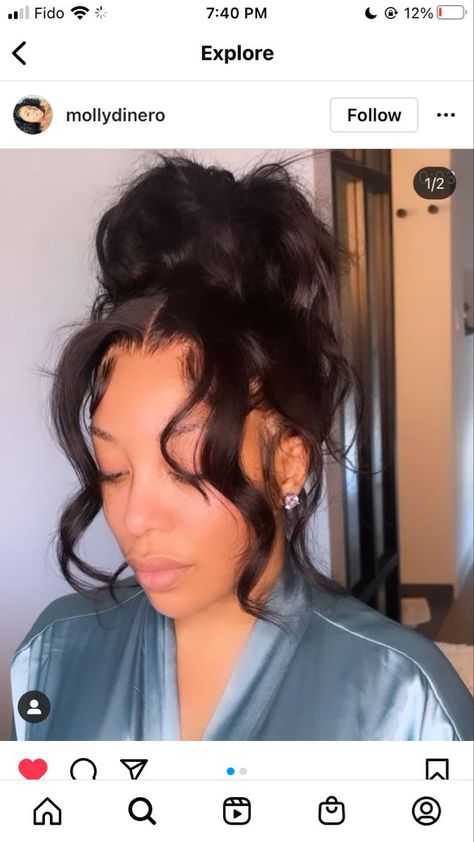 Messy bun with side bangs Outfits, Side Bangs, Prom Hairstyles, Ideas, Top Knot With Bangs Black Women, Weave Ponytails With Bangs, Side Ponytails, Messy Ponytail Hairstyles, Curly Ponytail Weave