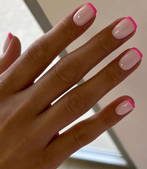 Women with Short French Tip Acrylic manicure Shellac, Summer French Manicure, Summer French Nails, French Tip Toes, French Tip Pedicure, French Tip Nails, French Tip Gel Nails, Pink French Manicure, Colorful French Manicure