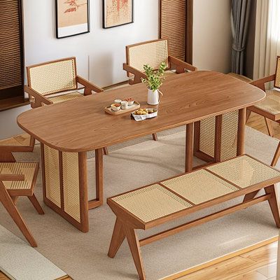 Upgrade your dining experience with our exquisite 6-Person Dining Table Set in Brown. Combining sleek simplicity and timeless style, this set is designed to transform your dining area into a haven of comfort and elegance. The rectangular tabletop, with its rounded corners, offers ample space for dining and entertaining, while the rich Brown colour adds a touch of warmth to your space. Crafted from high-quality solid wood, both the table and the accompanying chairs and bench are built to last. Th Dining Chairs, Dining Table With Bench, Dining Table Chairs, Dining Table, Dining Table Setting, Dining Set, Rattan Dining Table, Dining Table In Kitchen, Dining Furniture