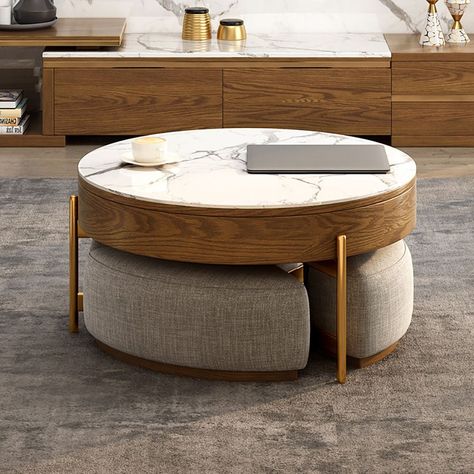 Round Lift-Top Coffee Table with Storage & 3 Ottoman White&Natural/White&Black Coffee Table Sets With Storage, Round Coffee Table Modern, Coffee Table With Storage, Modern Coffee Tables, Round Coffee Table, Coffee Table Design, Lift Top Coffee Table, Walnut Coffee Table, Stone Coffee Table