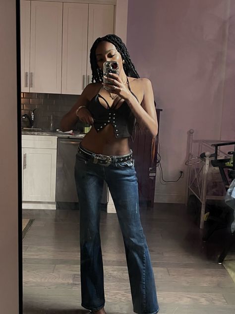 Y2k fashion outfit inspo true religion low rise jeans bell bottoms boujee black girl aesthetic bimbo core Jeans, Outfits, Y2k Low Rise Jeans Outfit, Y2k Outfit Inspo, Y2k Low Rise Jeans, 2000s Low Rise Jeans, Low Rise Jeans Outfit 2000s, Outfits 2000s, Outfit Inspo