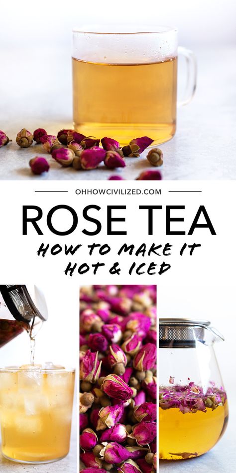 Rose tea can be made both hot or iced with this easy step by step recipe. Use dried rose buds to make a beautiful and soothing herbal tea with this guide. It's naturally caffeine free and great for relaxing. #rosetea #caffeinefree #tearecipe #howto Ideas, Herbal Tea, Gardening, Roses, Tea Remedies, Tea Blends, Tea Blends Recipes, Tea Benefits, Herbal Tea Blends