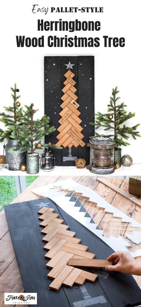 Create an easy Herringbone wood Christmas tree sign, pallet-style! - Funky Junk Interiors Christmas Decorations Made From Wood, Natal, Herringbone Christmas Tree, Wood Projects Holidays, Pallet Wood Christmas Tree Diy, Christmas Tree Made Of Wood, Wood Xmas Decor, Christmas Wood Decor Diy, Triangle Scrap Wood Projects