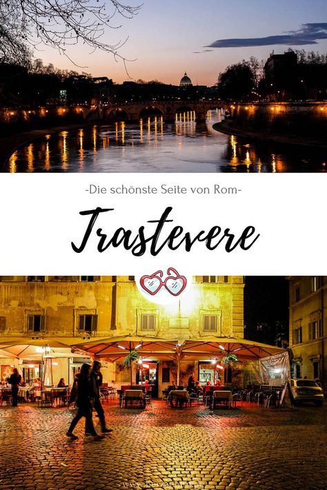 Reise mit mir nach Rom. In diesem Guide nehme ich dich mit in das wunderschöne Viertel Trastevere auf einen Spaziergang in der Nacht. Ich zeige dir die Sehenswürdigkeiten und Highlights von Trastevere. Diy, Travel, Italy, Hotels, Hotel, Rom, Grafik, Bella Italia, Roma