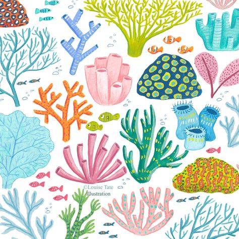 Coral Reef Drawing, Coral Reef Illustration, Coral Reef Art, Coral Reef Painting Easy, Coral Reef Watercolor Easy, Coral Reef Painting, Sea Coral Illustration, Ocean Illustration Art, Ocean Art
