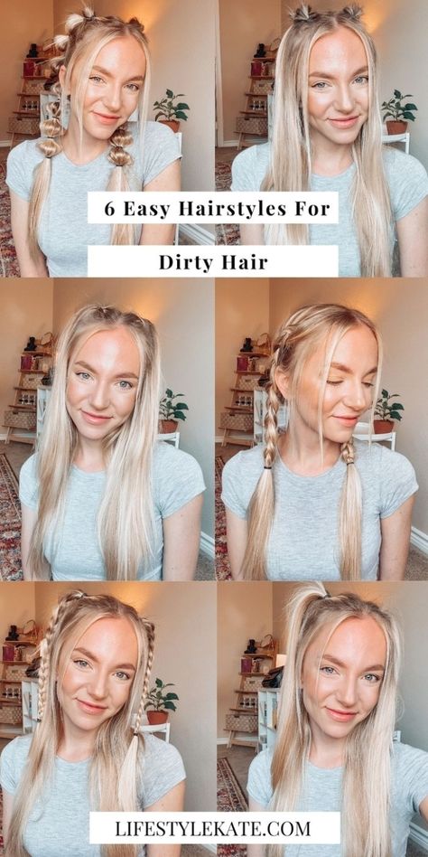 It can be hard to style hair between washes, but I have 6 easy and unique go-to hairstyles that I do when I have dirty, unwashed hair. #womenhairstyle #hairdesign #hairstyleideas Hair Styles, Hair Styles For Dirty Hair Quick, Easy Hairstyles For Long Hair, Greasy Hair Hairstyles, Hairstyles For Thin Hair, Cute Hairstyles For Medium Hair, Thick Hair Styles, Dirty Hair, Work Hairstyles