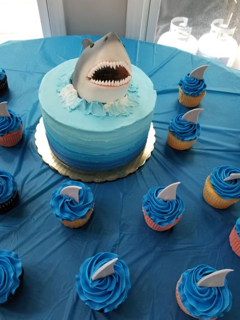 Shark themed birthday party. Cake, Shark Themed Birthday Party, Shark Birthday Party, Shark Theme Birthday Cake, Shark Party Decorations, Shark Themed Party, Shark Birthday Ideas, Shark Theme Birthday, Shark Birthday Cakes