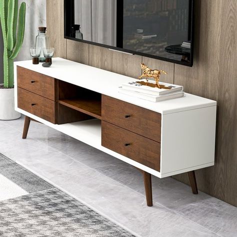 Novel Mid Century White Tv Stand With Solid Wood Frame TV Stand with 6 Storage Cabinet , Modern Walnut TV Console - Bed Bath & Beyond - 34477346 Home, Tv Stand With Storage, Tv Stand Ideas For Living Room, Tv Stand Designs, Mid Century Modern Tv Stand, Tv Stand Wood, Media Console Table, Tv Stand, Modern Tv Stand