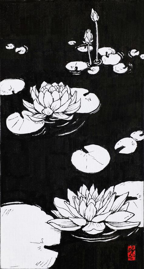 #lotus #flower #pond #ink #art #japanese #style #illustration #wallpaper Lotus Flower Drawings, Pond Drawing, Japanese Inspired Art, Lotus Flower Drawing, Lotus Drawing, Lotus Flower Wallpaper, Japanese Lotus, Lotus Wallpaper, Japanese Flower Tattoo