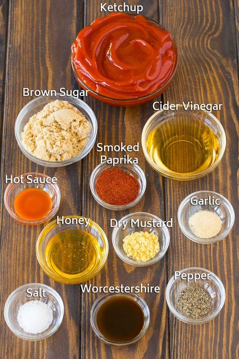 Bowls of ingredients including ketchup, vinegar, brown sugar and spices. Dips, Sauces, Barbecue Sauce, Vinegar Bbq Sauce, Homemade Barbecue Sauce, Homemade Barbeque Sauce, Barbecue Sauce Recipes, Homemade Bbq Sauce Recipe, Homemade Barbecue