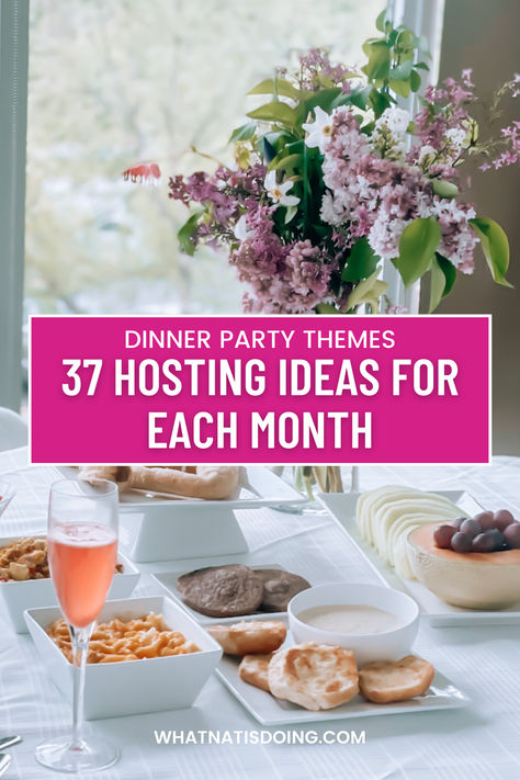 Explore monthly themed dinner parties to enhance your hosting game throughout the year. Whether a cozy New Year's Day brunch or a creative cookie exchange in December, these ideas infuse fun and intention into gatherings with friends. Scale back for cocktails, or fully embrace themes with menus, decorations, and activities. Hosting not only brings joy but creates cherished memories and traditions. Hosting ideas, hosting themes, dinner party themes Dinner Party Ideas For Adults, Fun Dinner Party Themes, Host Dinner Party, Dinner Party Themes, Themed Dinner Party Ideas Friends, Fun Dinner Parties, Hosting Dinner, Dinner Themes, Themed Dinners Ideas