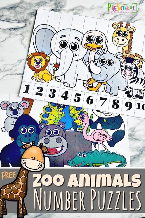 Number puzzles are a super simple and extra fun way for children to practice counting and number order. These Zoo Animals Number Puzzles set focuses on the numbers 1-10. Simply print pdf file with zoo printables and you are readyto practice counting to 10 with toddler, preschool, and pre-k students. Safari, Zoos, Pre K, Preschool Number Puzzles, Number Puzzles, Numbers Preschool, Preschool Puzzles, Animal Activities For Kids, Puzzles