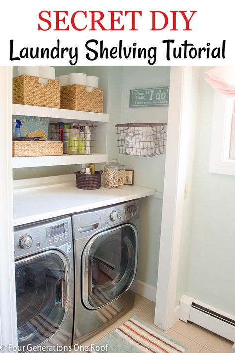 How to make DIY Floating Shelves for a laundry room and a folding table over a washer and dryer with AC plywood. These DIY budget friendly shelves created storage above the washer and dryer units which was wasted space. #diyshelves #diyshelving #diywoodshelves #laundryroomshelves #diyshelvingideas #diylaundryshelves #diylaundryshelvessmallspace #diylaundryshelving  via @4gens1roof Diy, Organisation, Design, Diy Laundry Room Shelves, Laundry Room Storage Shelves, Laundry Shelves, Laundry Room Makeover, Laundry Room Diy, Laundry Room Shelves