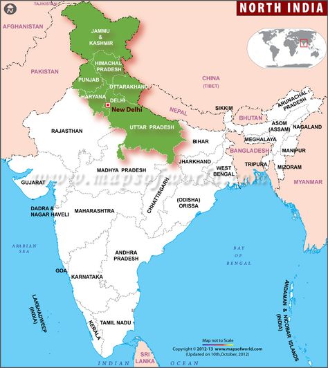 #NorthIndia #Map indicating #Indian states Delhi, UP, Jammu & Kashmir, Himachal Pradesh, Punjab and Haryana. India, Chandigarh, New Delhi, Goa, Mahatma Gandhi, States Of India, North India, South India, India Facts