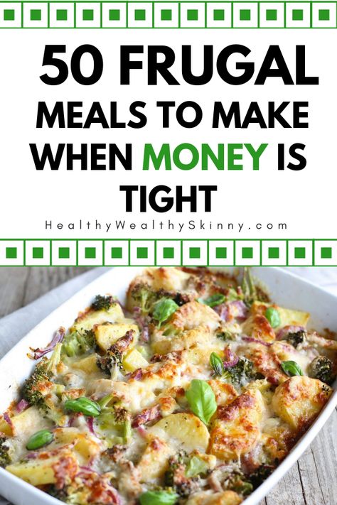 Frugal Living | It's not as heard as you might think to eat when money is tight. Here are 50 frugal meals you can make when you don't have a lot of money to spend on groceries. #frugalliving #frugaltips #frugalmeals #frugalfoods #savingmoney #budgeting #HWS #healthywealthyskinny Healthy Recipes, Meal Planning, Budget Friendly Recipes, Budget Meals, Week Meal Plan, Money Saving Meals, Frugal Meal Planning, Cheap Healthy Meals, Inexpensive Meals