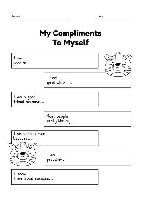 My Compliments To Myself Kids Worksheet Printable Worksheets, Art, English, Parents, Ideas, Parenting, How To Express Feelings, Writing Prompts For Kids, Self Esteem Kids
