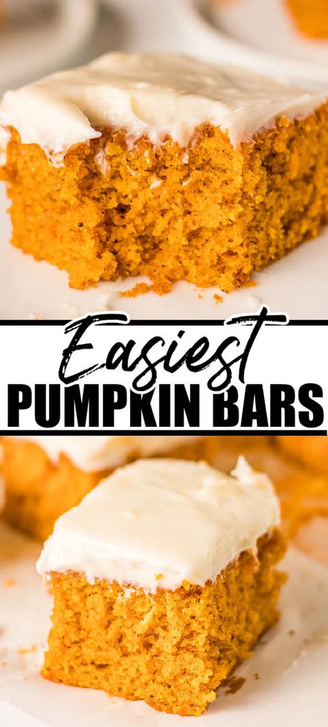 Pumpkin Bars with Cream Cheese Frosting is such a classic, easy recipe! From scratch, moist pumpkin bars are the perfect fall treat and simple enough that anyone can make them. | www.persnicketyplates.com Muffin, Desserts, Cheesecakes, Thanksgiving, Pie, Snacks, Dessert, Pumpkin Recipes, Brownies