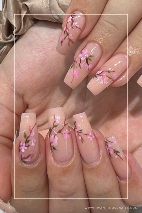 cherry blossom nails coffin shape Design, Pink, Spring Nail Art, Floral Nail Designs, Nail Designs Spring, Nail Art For Spring, Cherry Blossom Nails Design, Flower Nail Designs, Floral Nail Art