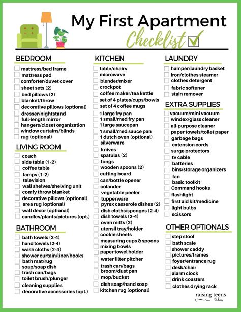 FREE PRINTABLE: My First Apartment Checklist. From furniture and kitchen necessities to cleaning supplies and all the extras, this handy list will make shopping for your first apartment (or house) a snap! #firstapartmentchecklist #firstapartment #firstapartmentchecklist #freeprintables Home, Organisation, Household Essentials List, Household Items Checklist, First Apartment Essentials, Apartment List Of Needs, Grocery List For New Apartment, First Apartment List, Household Supplies