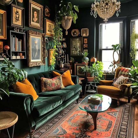 Sophisticated Dark Green Living Room Palettes for a Luxurious Feel • 333+ Images • [ArtFacade] Home, Home Décor, Interior, Moody Living Room, Interieur, Home Living Room, Dream House Decor, Dark Living Rooms, Gothic Home Decor
