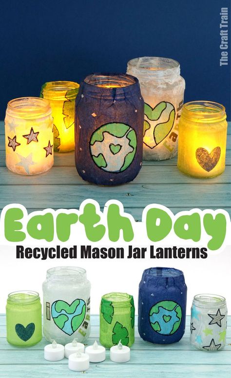 A set of lanterns made from tissue paper for Earth Day Recycled Crafts, Pre K, Recycled Jars, Crafts With Recycled Materials, Recycled Crafts For Kids, Recycled Crafts Kids, Reuse Jars, Recycle Crafts, Diy Recycled Projects