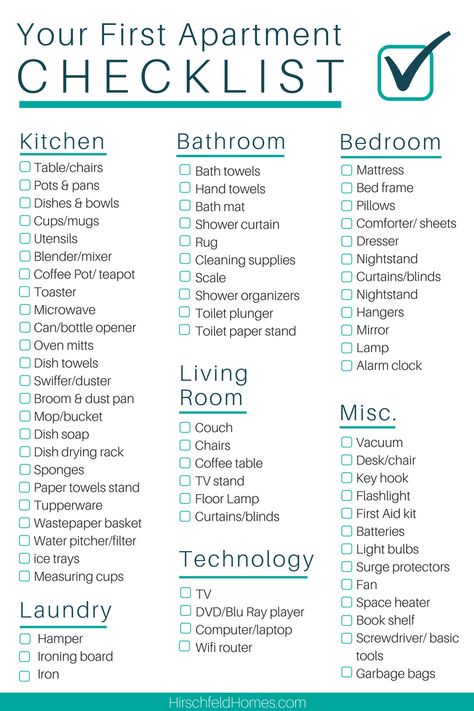 The Ultimate First Apartment Checklist | Hirschfeld Apartment Living, Organisation, Decoration, Apartment Essentials, Apartment Hacks, First Apartment Essentials, Apartment Decorating Livingroom, Apartment Checklist, First Apartment Checklist