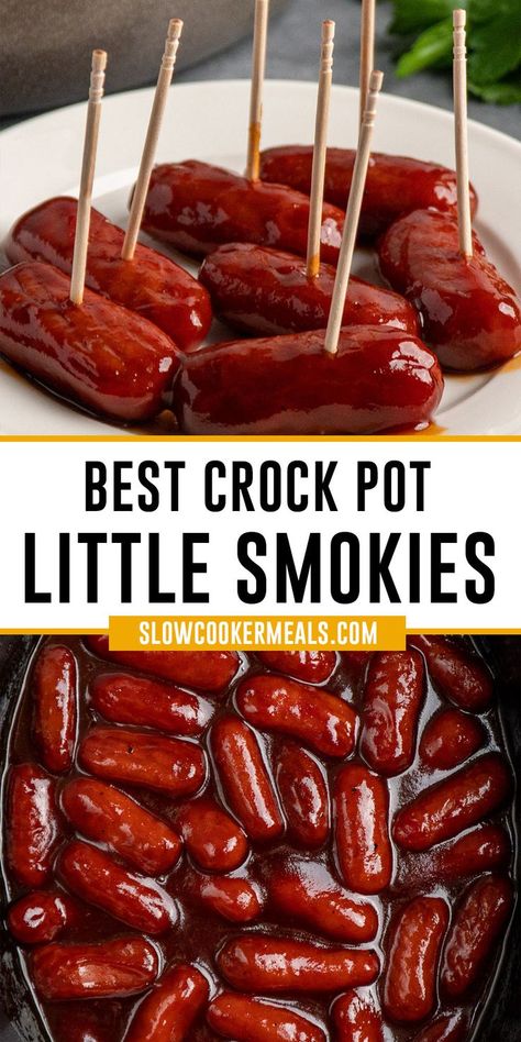 Close up of bbq little smokies on a plate and in a crock pot. Slow Cooker Recipes, Crockpot Appetizers, Crock Pot Recipes, Crockpot Recipes Easy, Crockpot Recipes, Crockpot Recipes Slow Cooker, Sausage Crockpot Recipes, Sausage Crockpot, Crockpot Dinner