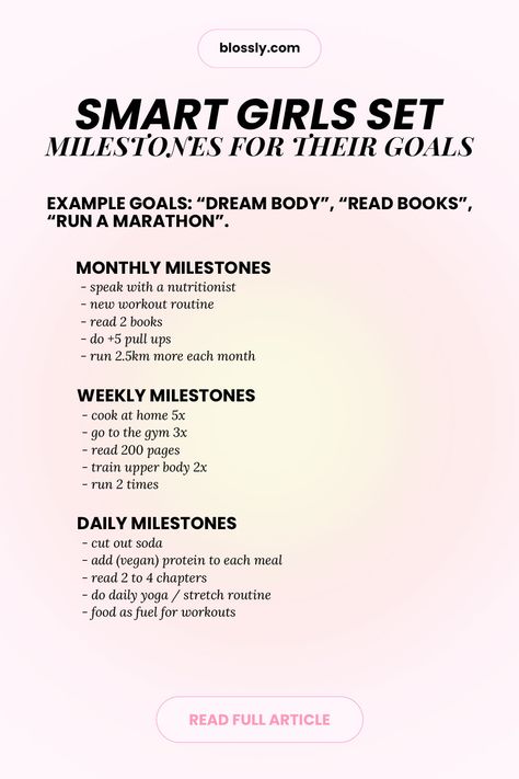 The Blossom Challenge Day 10: Smart Girls Set Milestones And Reach Their Goals. – Blossly Challenges, Motivation, Videos, Smart Goals Examples, Self Improvement Tips, Self Confidence Tips, Lose 40 Pounds, Goal Examples, Mindset